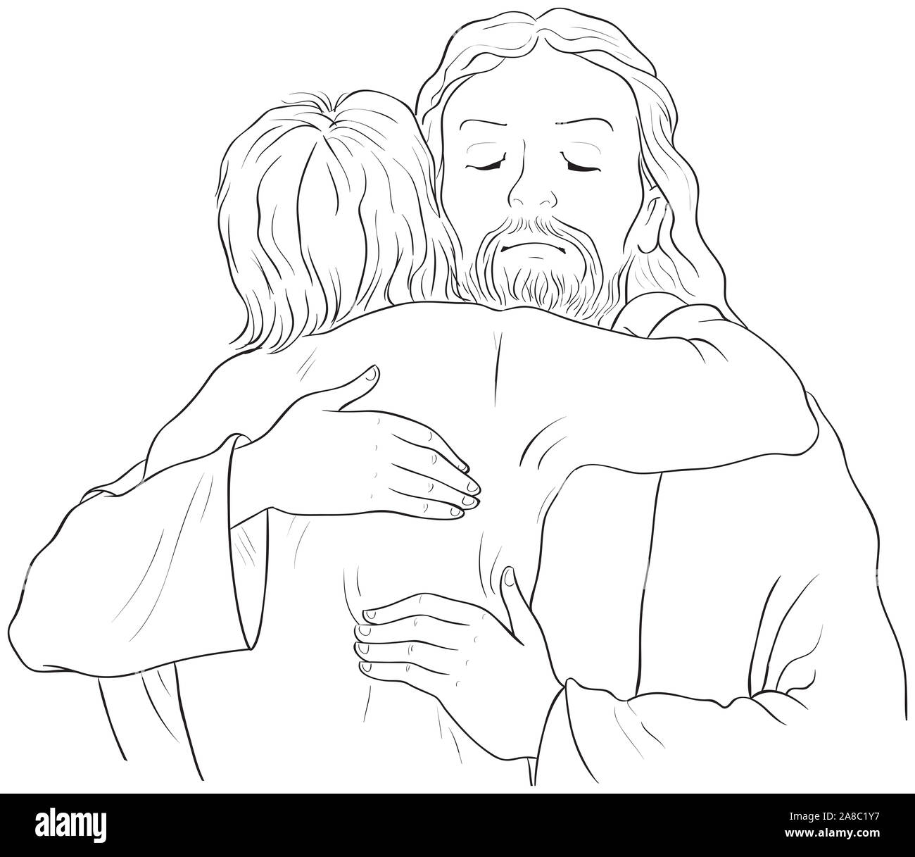 Jesus umarmen Kind schwarz-weiß illustration. Cartoon christliche Färbung Seite. Auch farbige Version Stockfoto