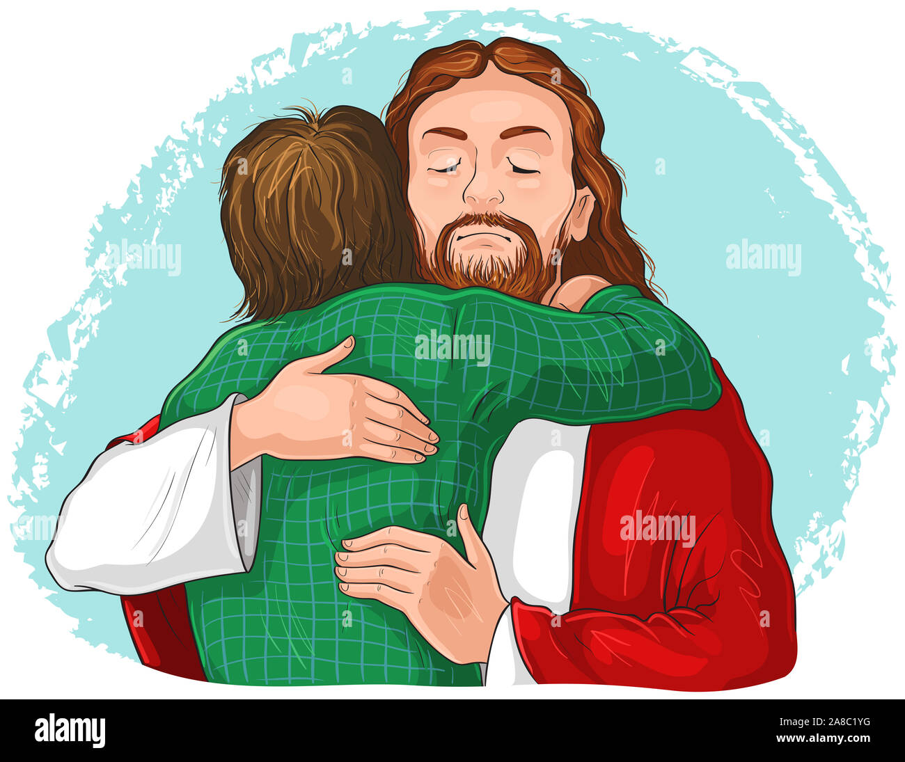 Jesus umarmen Kind Bild. Cartoon christian Abbildung auf weißen isoliert Stockfoto
