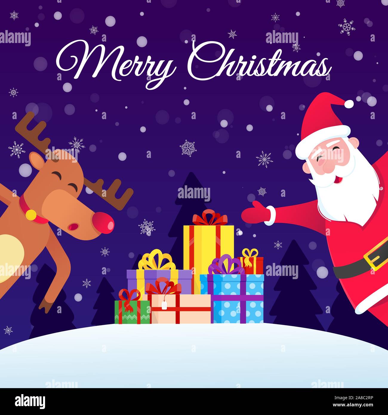 Weihnachtsmann und Rentier mit der roten Nase Weihnachten und ein frohe Weihnachten und ein glückliches Neues Jahr für Sie postkarte Flat Style Design Vector Illustration möchten. Stock Vektor
