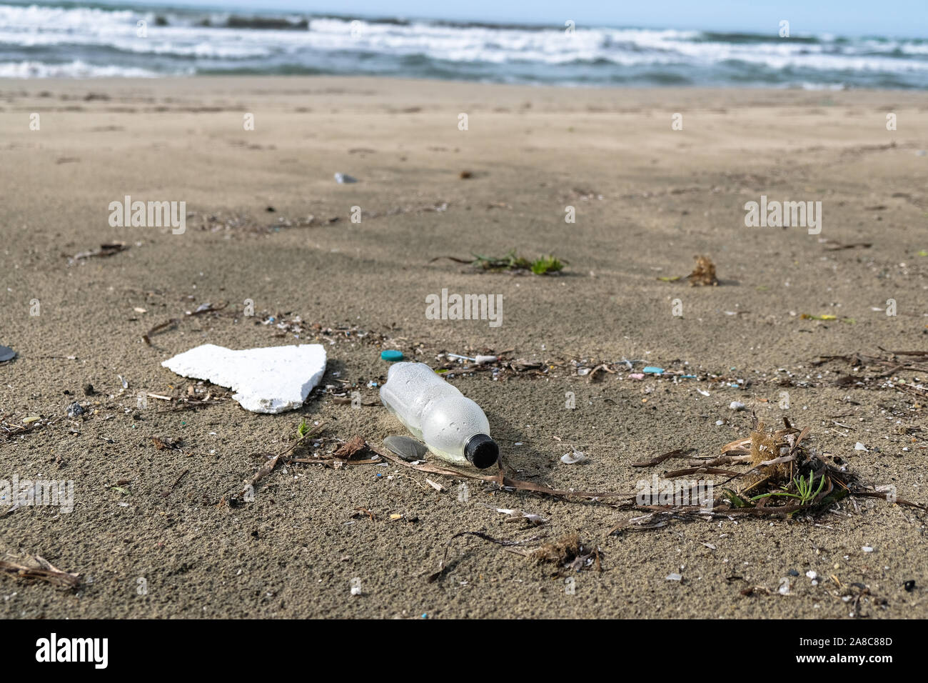 Plastikflasche auf wilde Küste über unscharfen Hintergrund, Planeten retten Konzept Stockfoto