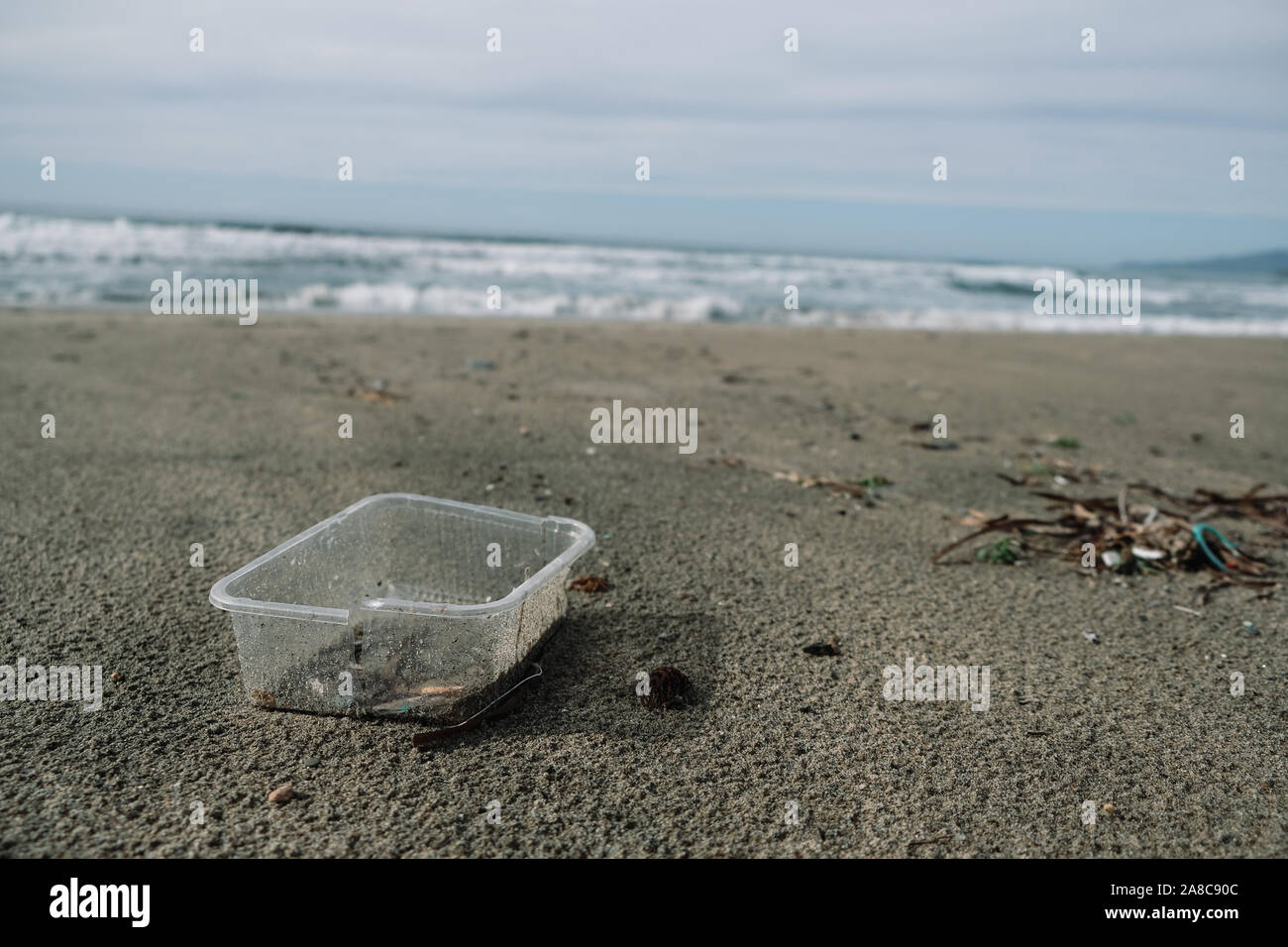 Kunststoffbehälter auf wilde Küste über unscharfen Hintergrund, planet Konzept speichern Stockfoto
