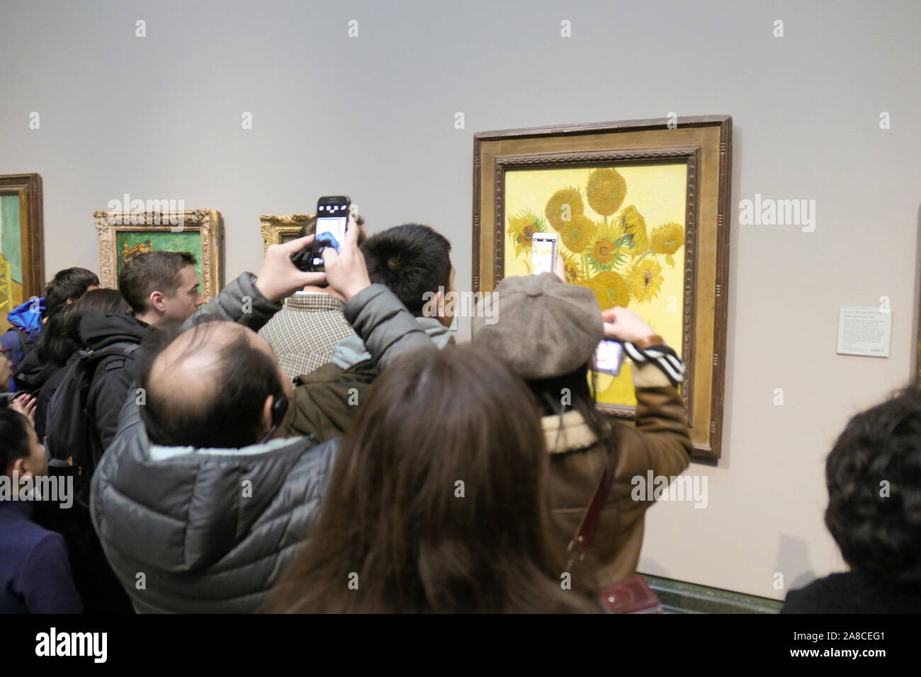 Besucher können Sie über ihre Smartphones Bilder von Vincent van Gogh's Öl Malerei unflowers', in der National Gallery in London, Vereinigtes Königreich, Stockfoto