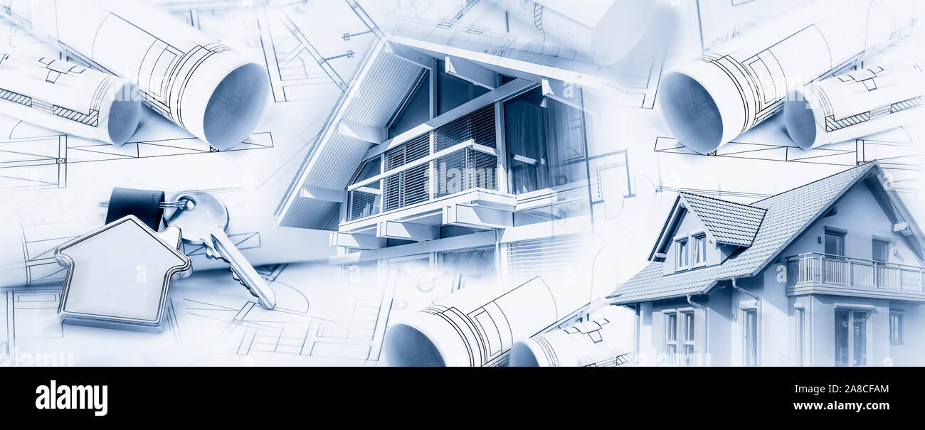 Compositing mit Häusern, Blueprints und Tasten Stockfoto Compositing mit Häusern, Blueprints und Tasten Stockfoto