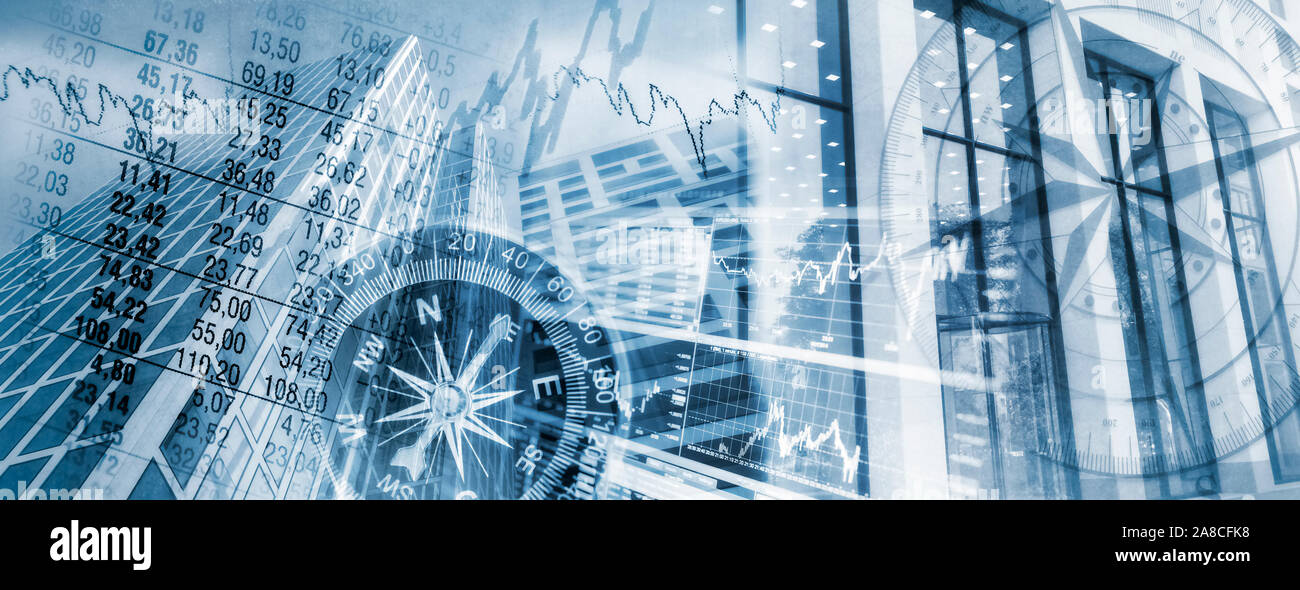 Kompass, Zahnräder, Diagramme und die Fassaden der Gebäude als Symbol für die Wirtschaft und Finanzmärkte Stockfoto
