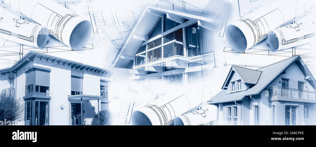 Drei moderne Häuser mit Blueprints im Panoramaformat Stockfoto Drei moderne Häuser mit Blueprints im Panoramaformat Stockfoto