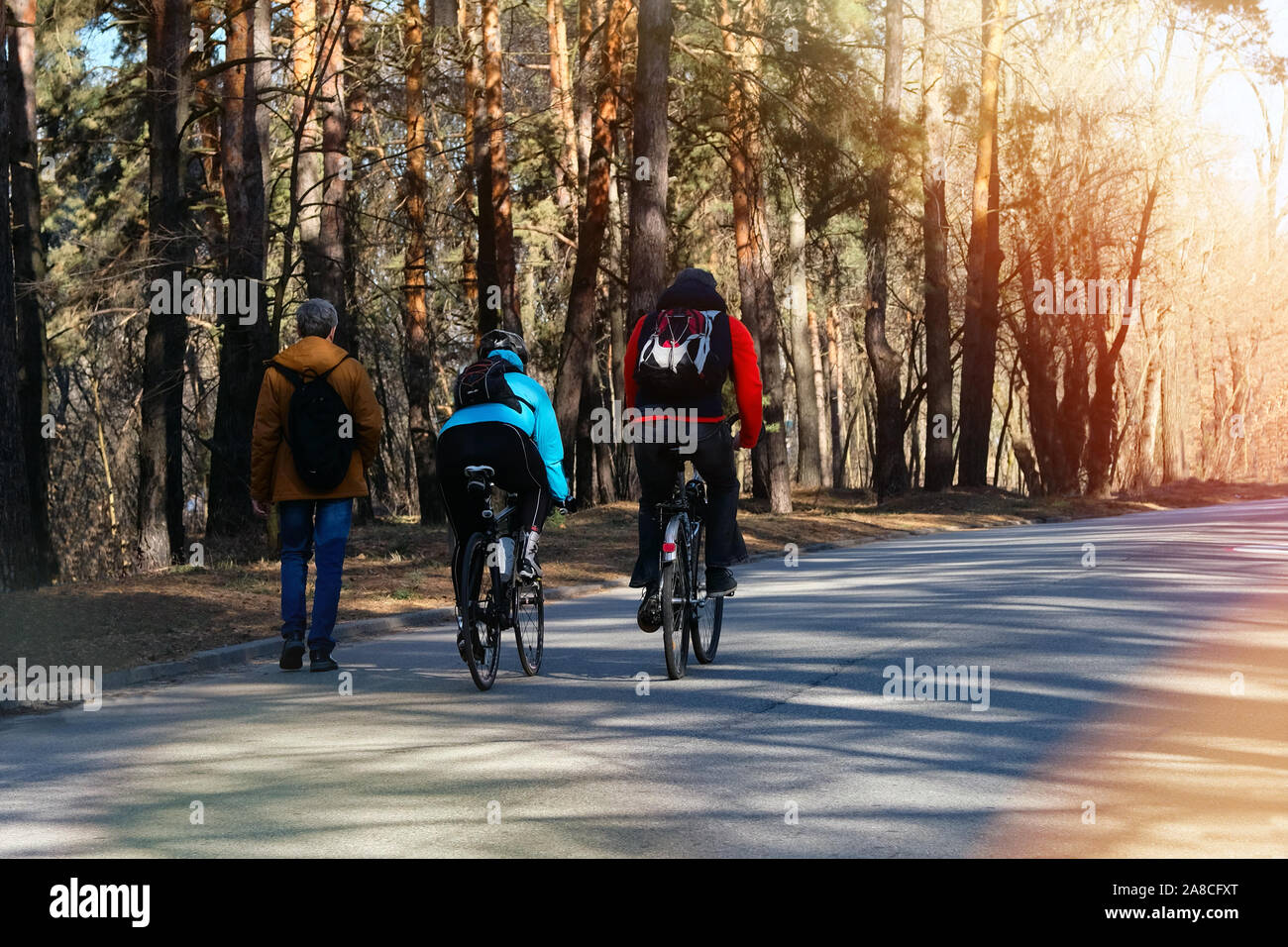 Menschen Reiten Fahrräder im City Park. Fahrt für Bewegung und Entspannung. Gesunde Lebensweise. Sport und aktiv leben Konzept. Stockfoto