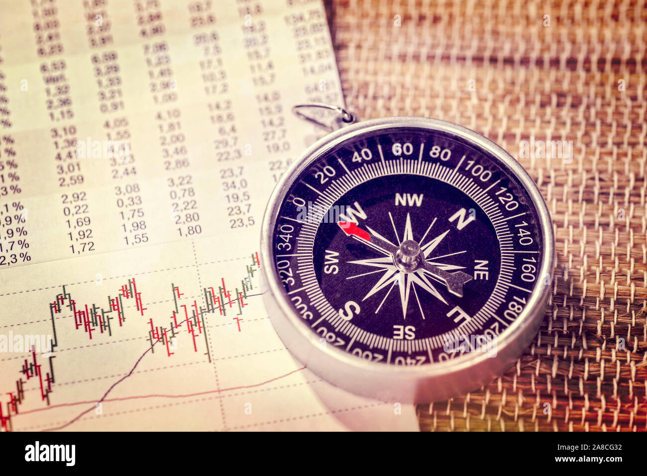Tabellen und Charts mit Börsenkursen und ein Kompass zur Orientierung Stockfoto