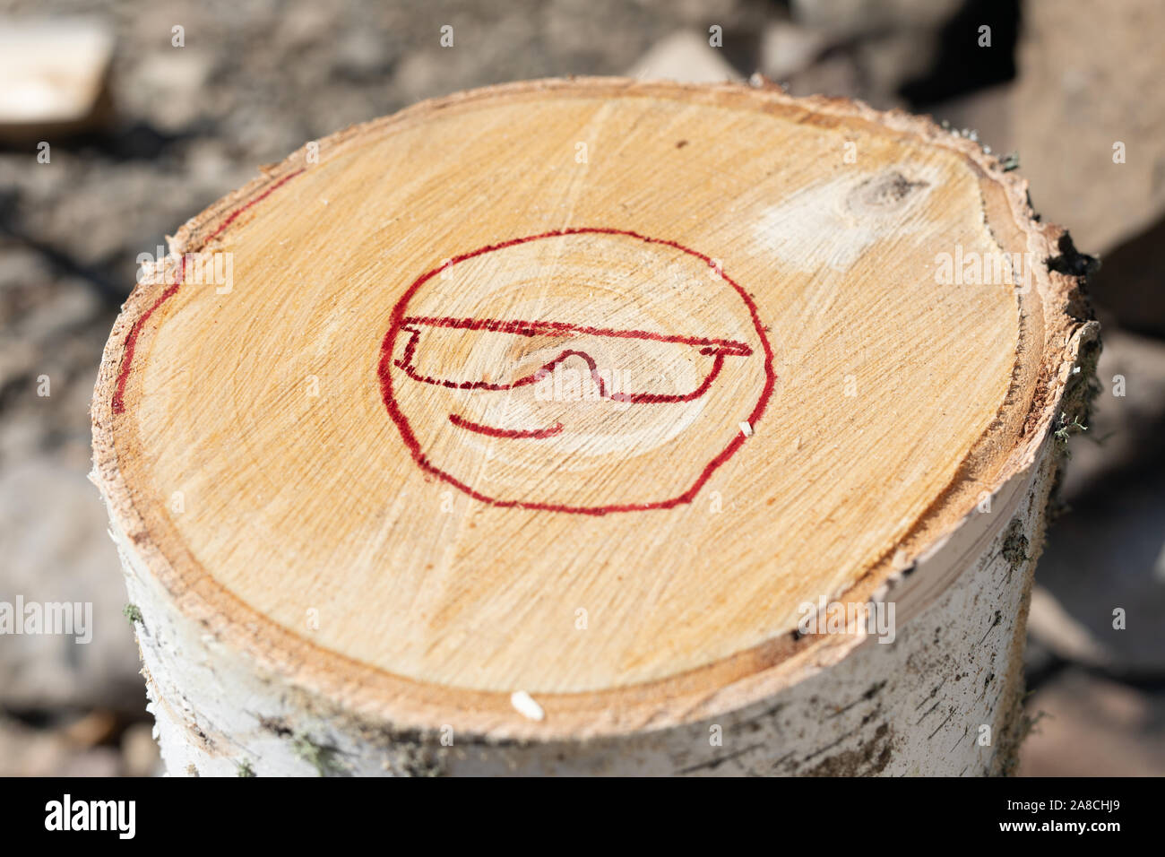 Smiling smiley mit Brille in Rot lackiert. Abbildung: Smiley Emoticon auf einem Baumstamm lackiert. Positives Denken Konzepte. Stockfoto