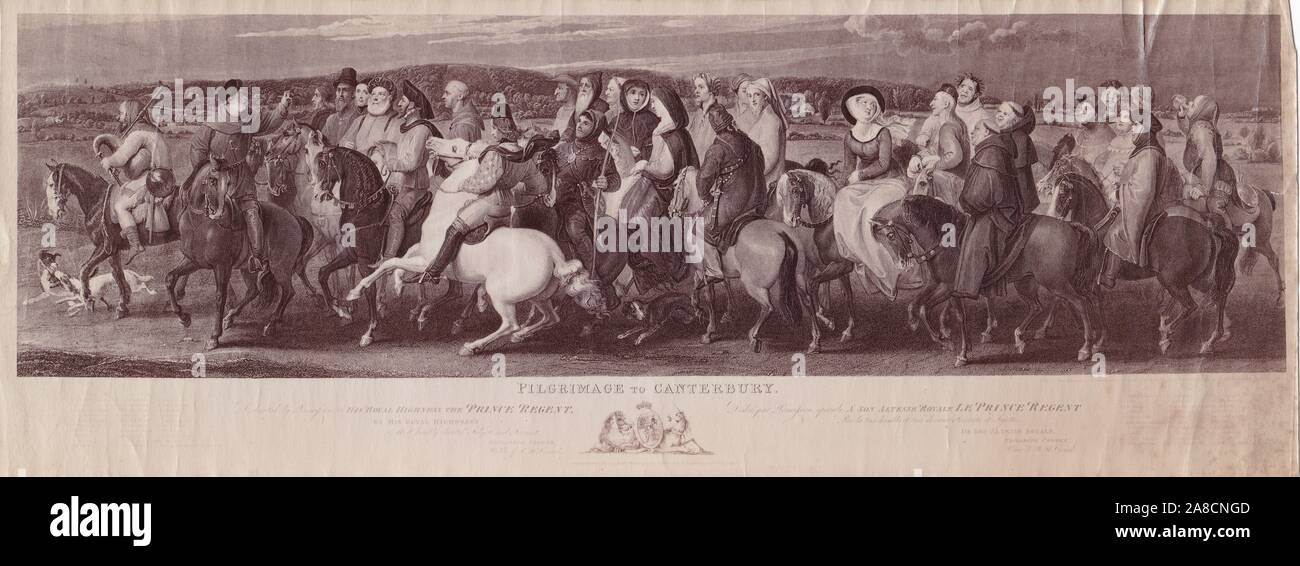 1800s Drucken der Pilgerfahrt nach Canterbury - nach Thomas Stothard, von Louis Schiavonetti und James Heath eingraviert. Stockfoto