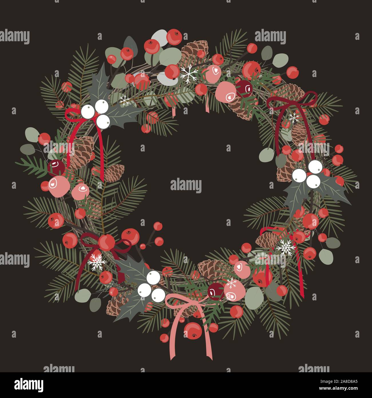 Schöne Weihnachten dekorativen Kranz von Pine Zweige, Beeren, Ilex, Zeder und Tannenzapfen auf weißen Hintergrund. Vector Illustration Stock Vektor