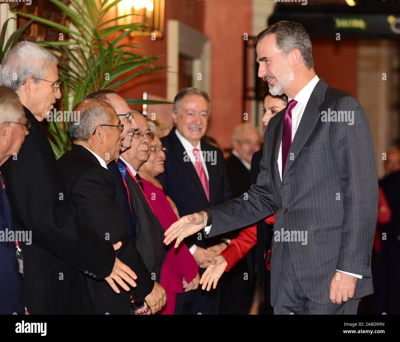 Sevilla, Spanien. 08 Nov, 2019. Spanischen König Felipe VI und Königin Letizia Treffen mit den Direktoren der Asale und Mitglieder pro Real Academia Stiftung während 16 Ausgabe von ASALE (Asociación de Academias de la Lengua Española) Kongress in Sevilla am Freitag, 08. November 2019. Credit: CORDON PRESSE/Alamy leben Nachrichten Stockfoto