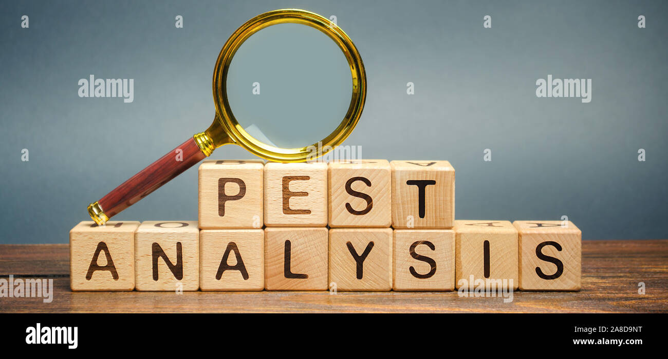 Holzblöcke mit dem Wort PEST Analyse und eine Lupe. Die politischen, wirtschaftlichen, sozio-kulturellen und technischen Analyse. Strategisches Management Stockfoto