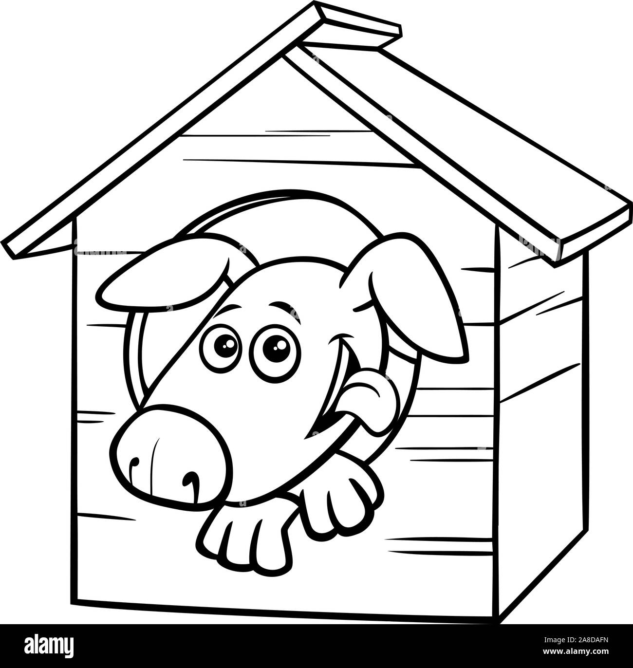 Schwarze und Weiße Cartoon Illustration der lustige Hund Comic Tier Zeichen in der Hundehütte Malbuch Seite Stock Vektor