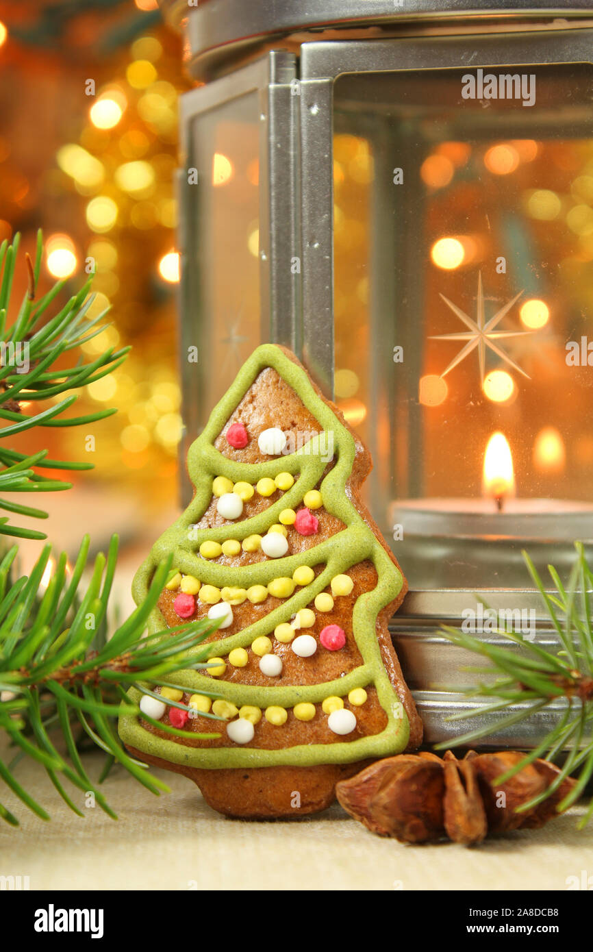 Weihnachtsbaum Lebkuchen Cookie und Laterne Stockfoto