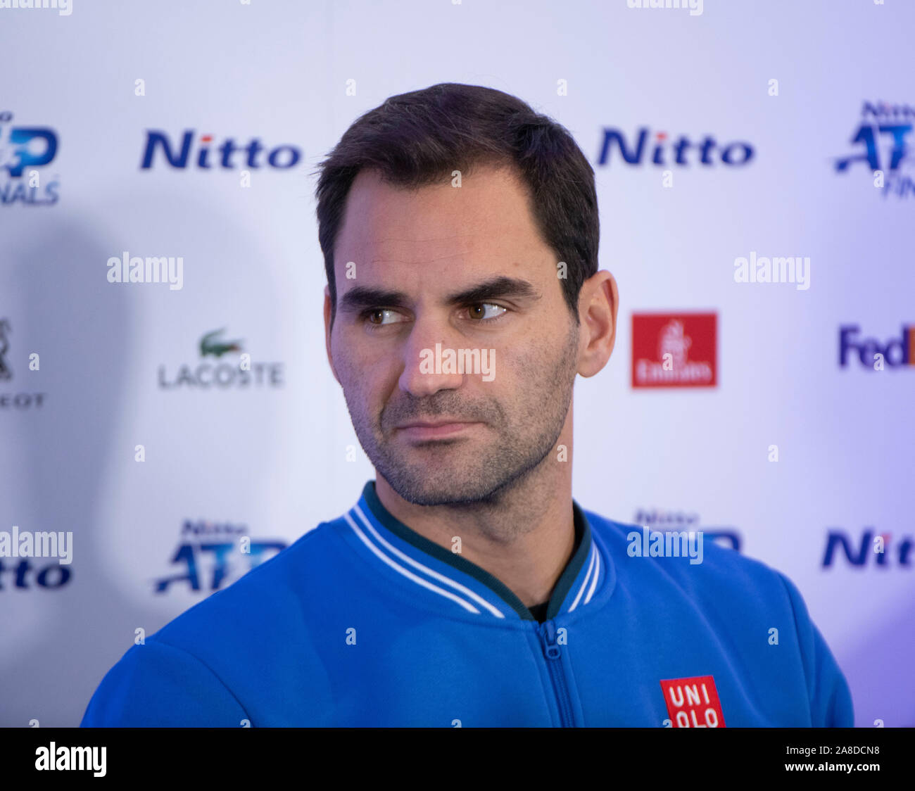 O2, London, UK. 8. November 2019. Nitto ATP-Tennisturniers Vorbereitungen beginnen mit der Top 8 mens singles Spieler vor der Presse vor Matches am 10. November beginnen. Bild: Roger Federer. Credit: Malcolm Park/Alamy Leben Nachrichten. Stockfoto