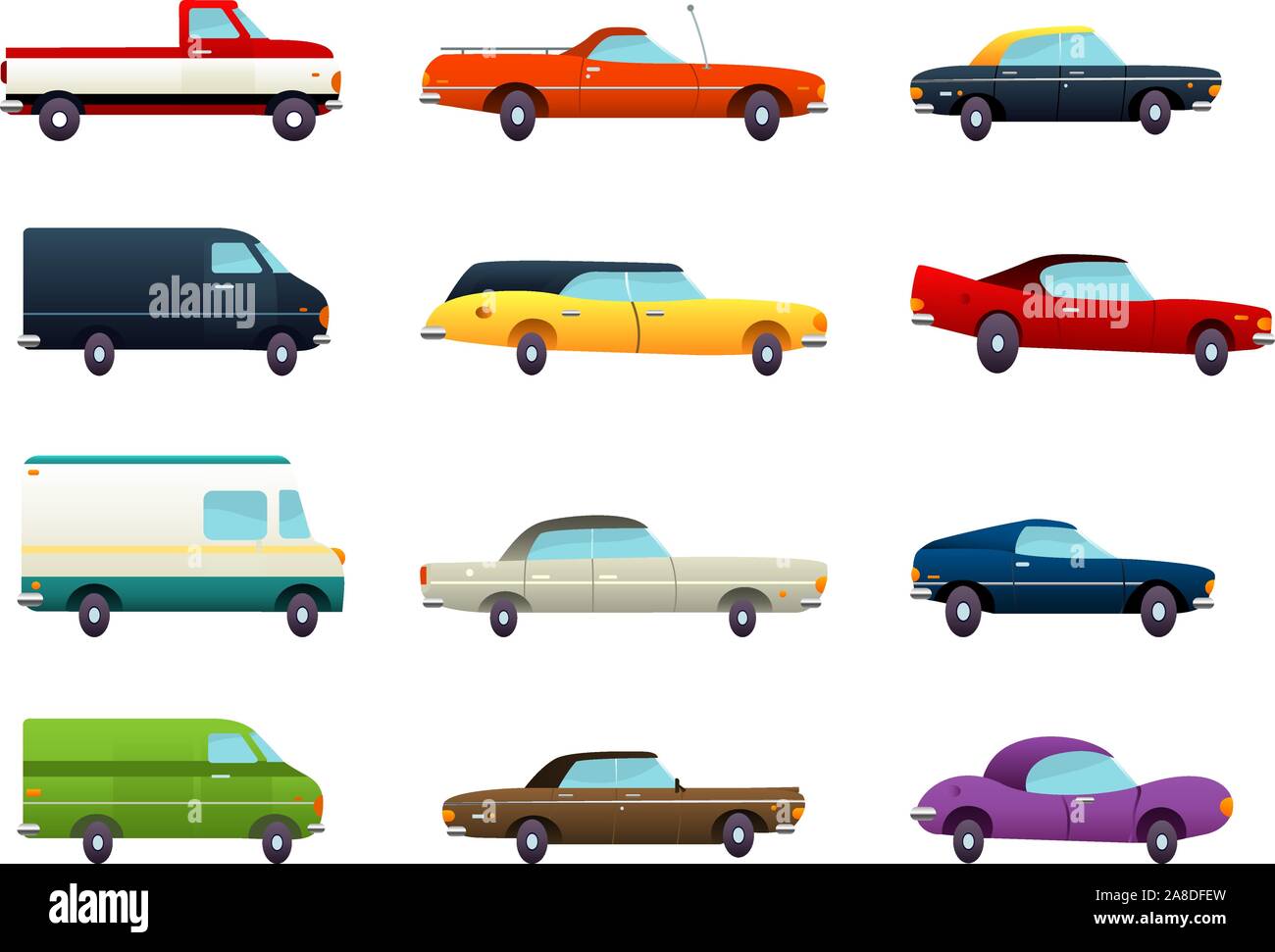 Cartoon-zwölf Fahrzeugsammlung mit verschiedenen Größen und Farben-Vektor-Illustration. Stock Vektor