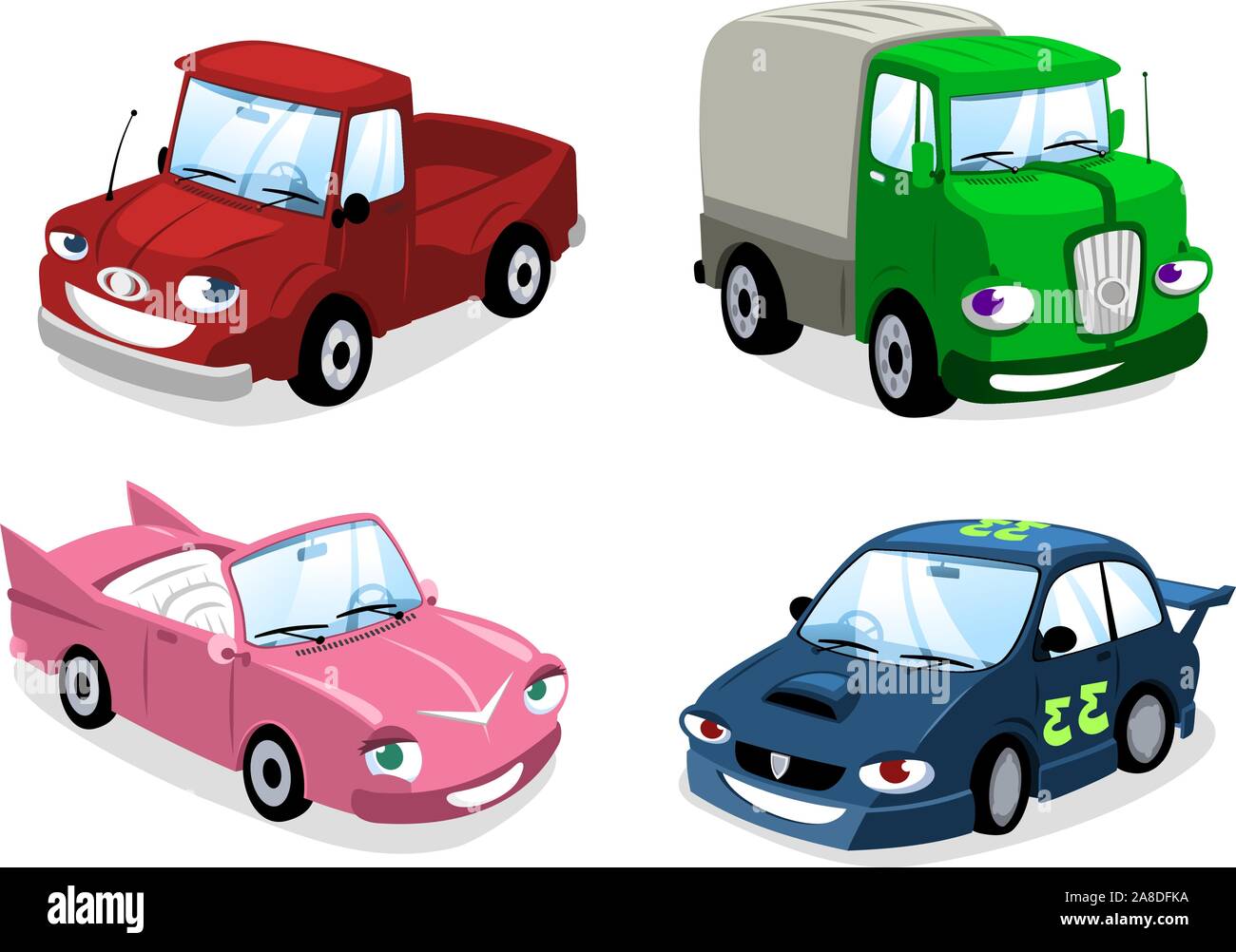 Cartoon Auto, Lkw, Bus, Bus, Motorrad, LKW, Auto, Waggon- und Eco-Auto. Stock Vektor