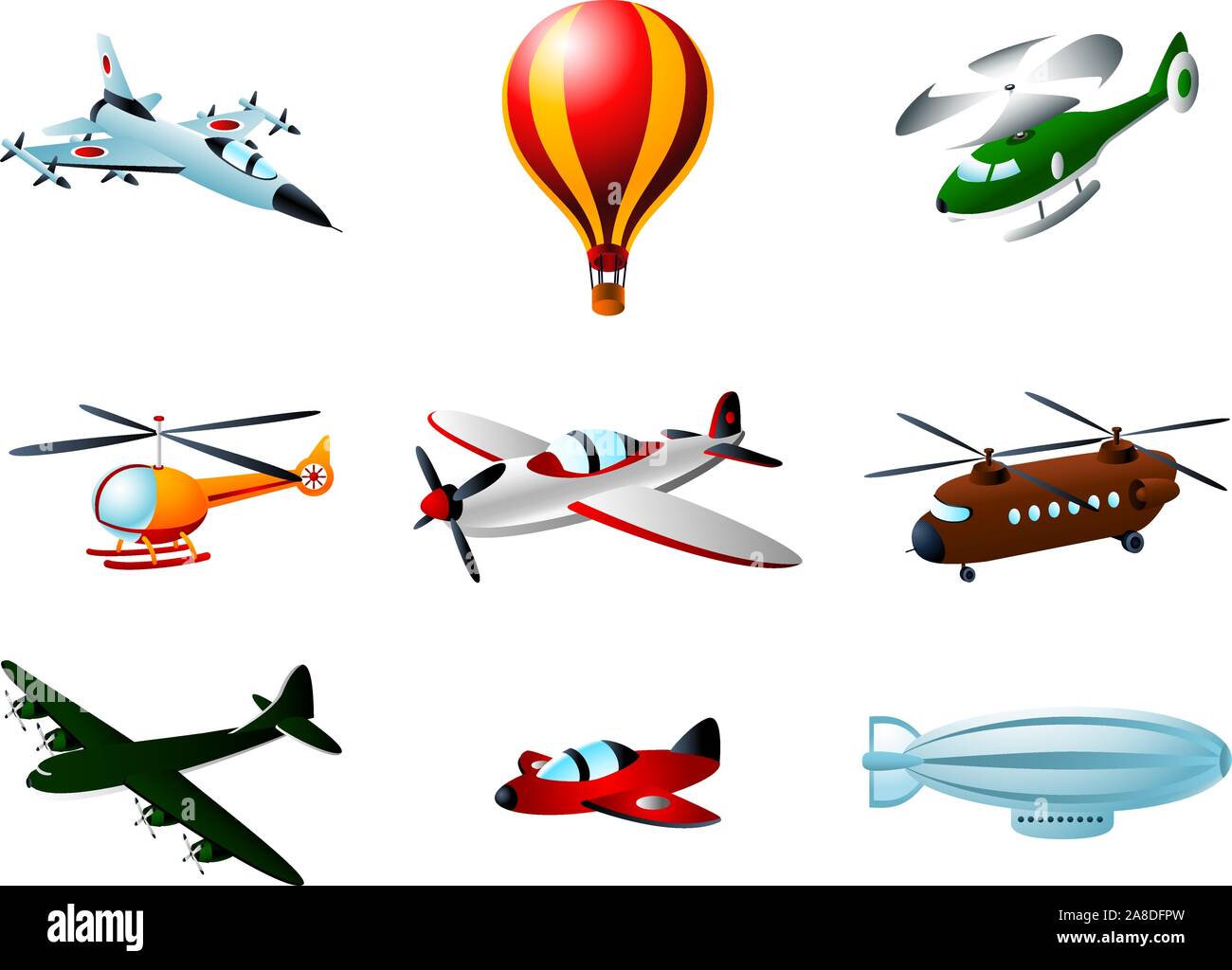Fliegende Flugzeuge Flugzeug Air Ballon Hubschrauber Zeppelin Vektor-Illustration-Cartoon. Stock Vektor