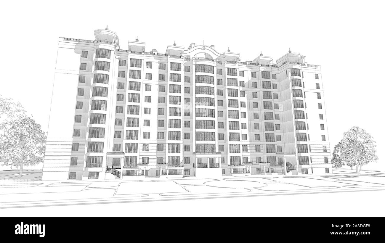 3d-Bleistift Skizze trapezverzeichnungskorrektur Perspektive Abbildung: ein modernes, mehrstöckiges Gebäude Außenfassade und Yard landscape Design Stockfoto