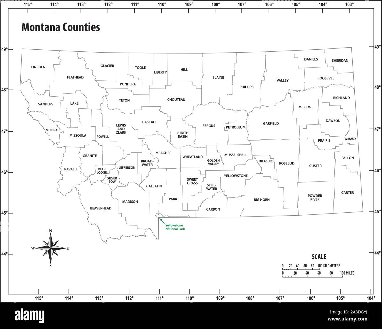Montana State Umrisse administrative und politische Karte in Schwarz und Weiß Stock Vektor