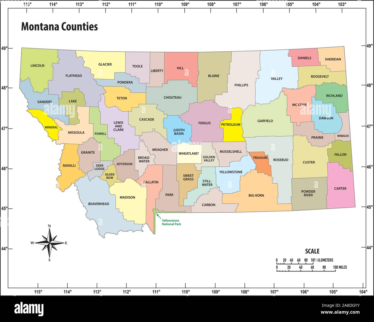 Montana State Umrisse administrative und politische Karte in Farbe Stock Vektor