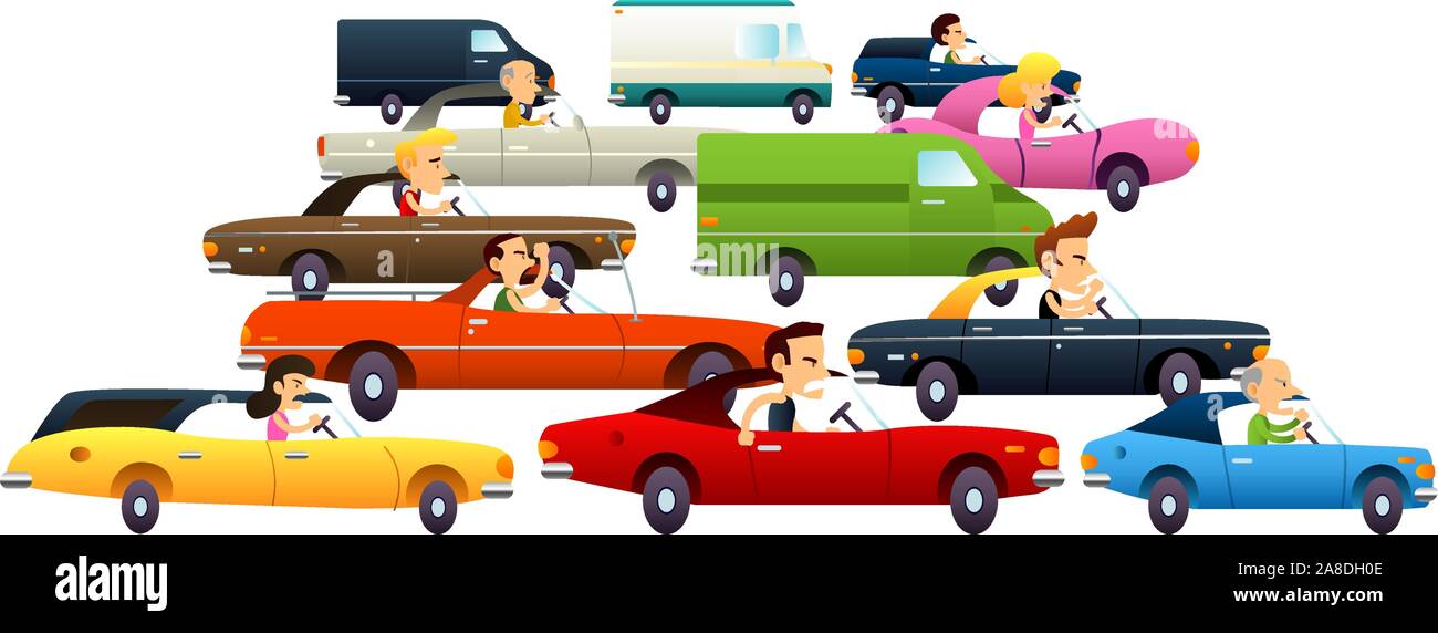 Stau mit Cartoon Cars und wirklich wütend und verärgert Zeichen. Vektor-Illustration-Cartoon. Stock Vektor