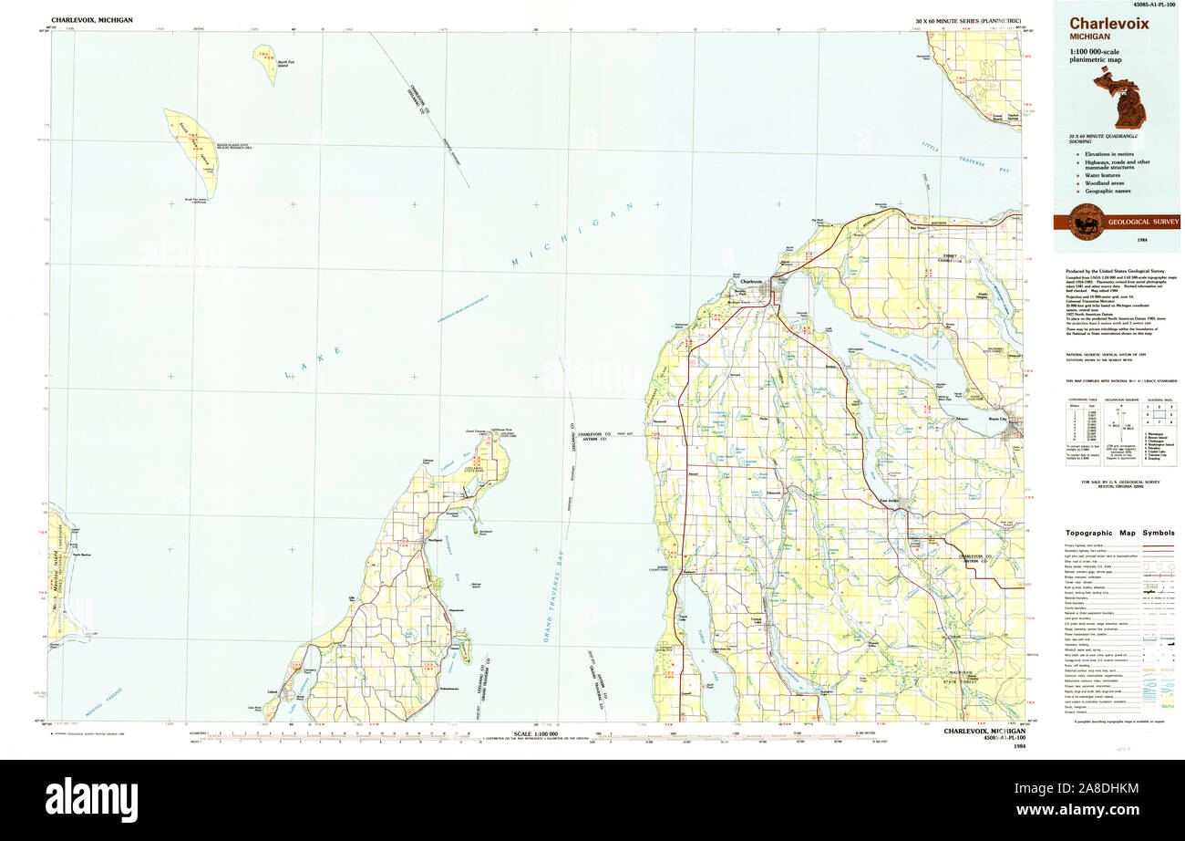 USGS TOPO Karte Michigan MI Charlevoix 278635 1984 100000 Stockfoto