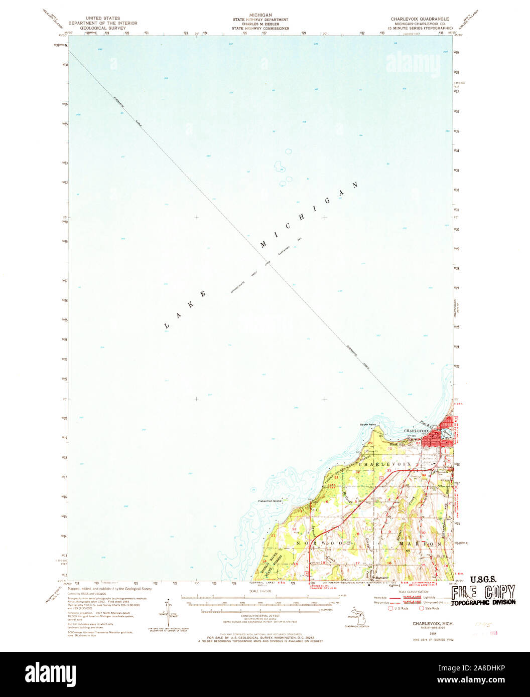 USGS TOPO Karte Michigan MI Charlevoix 278046 1954 62.500 Stockfoto