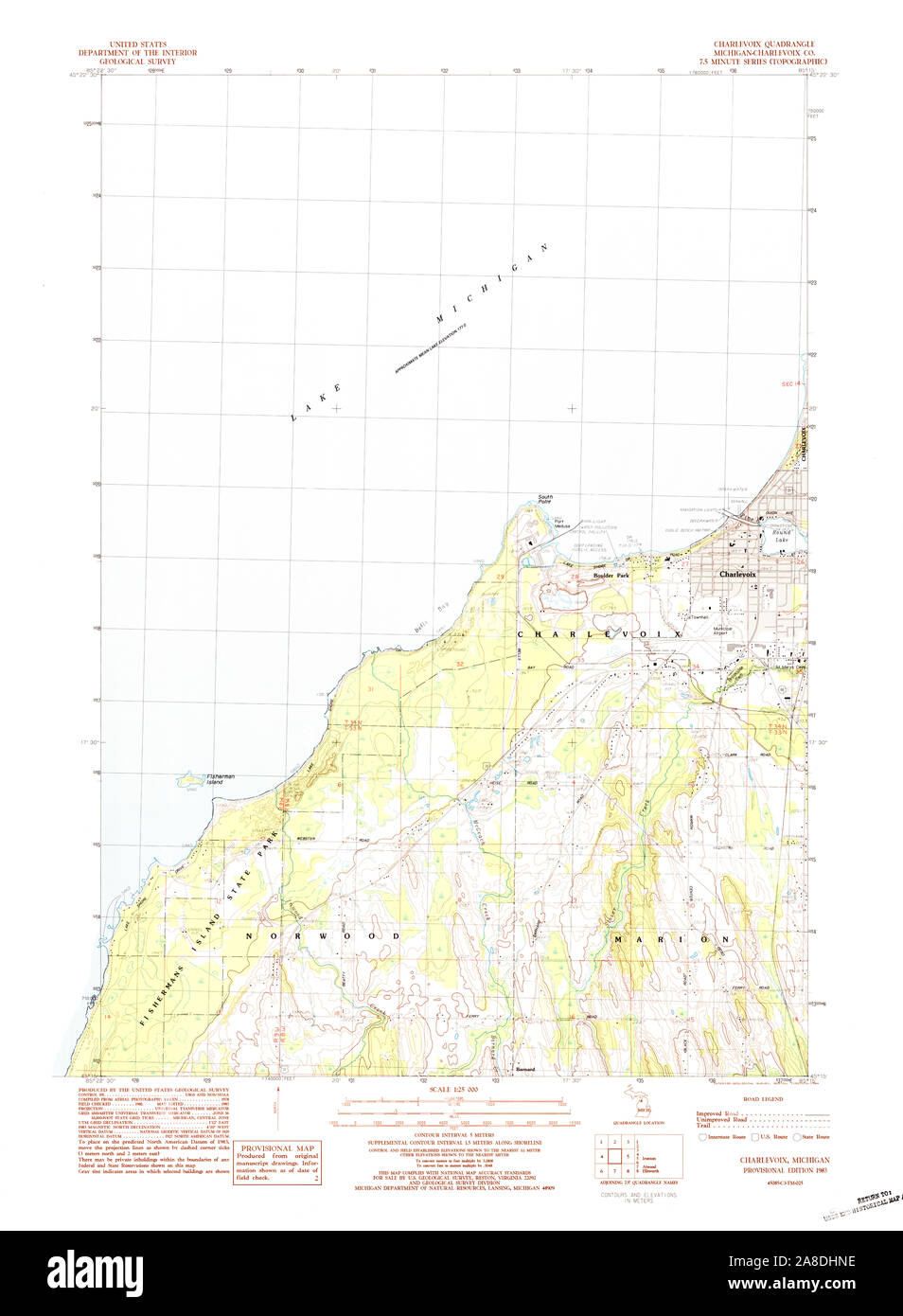 USGS TOPO Karte Michigan MI Charlevoix 277597 1983 25000 Stockfoto
