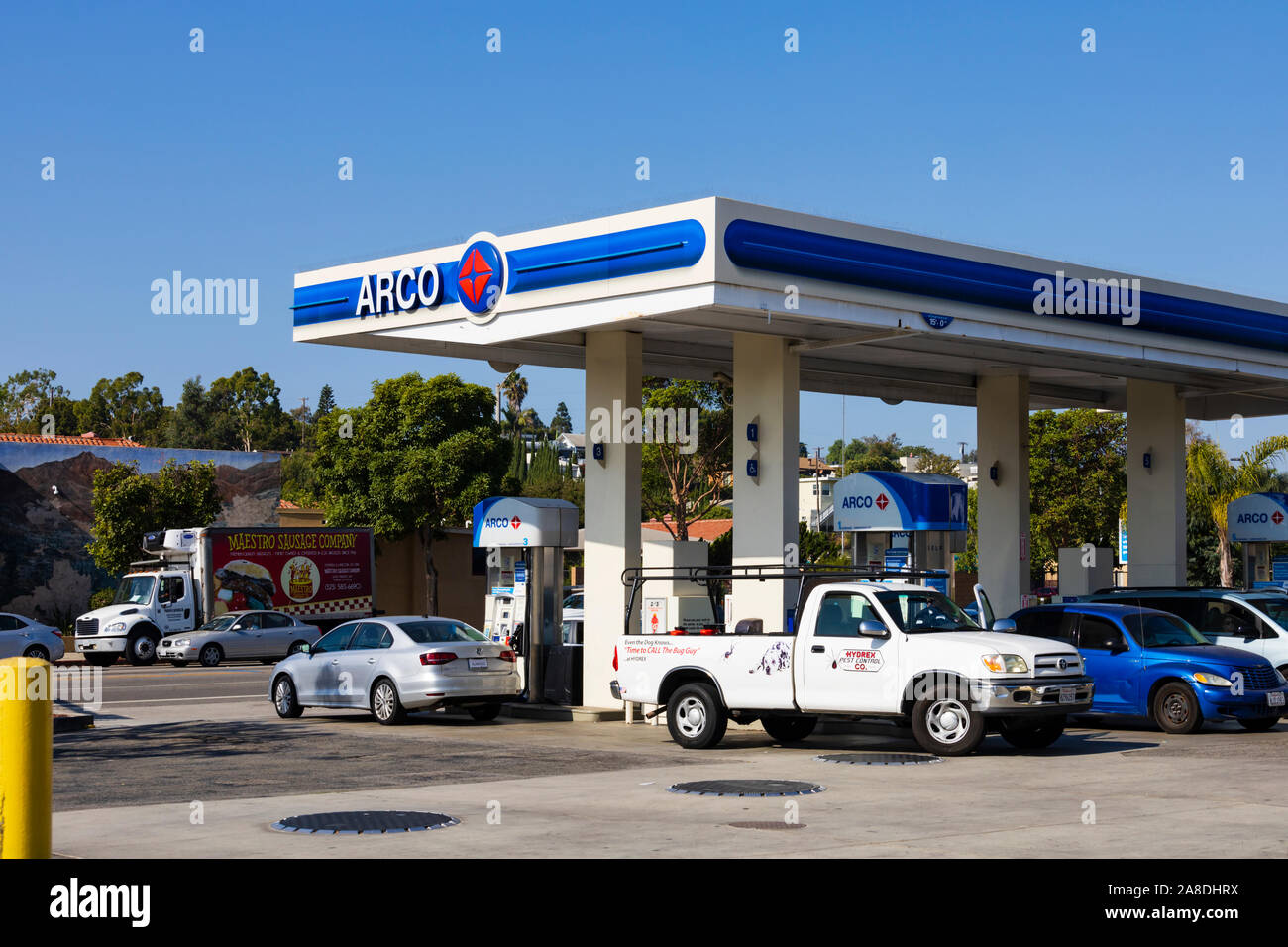 ARCO Tankstelle, Ocean Park Boulevard, Santa Monica, Los Angeles County, Kalifornien, Vereinigte Staaten von Amerika Stockfoto