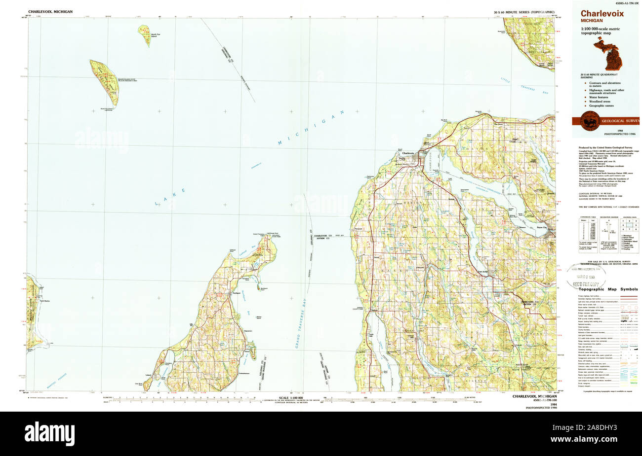 USGS TOPO Karte Michigan MI Charlevoix 278636 1984 100000 Stockfoto