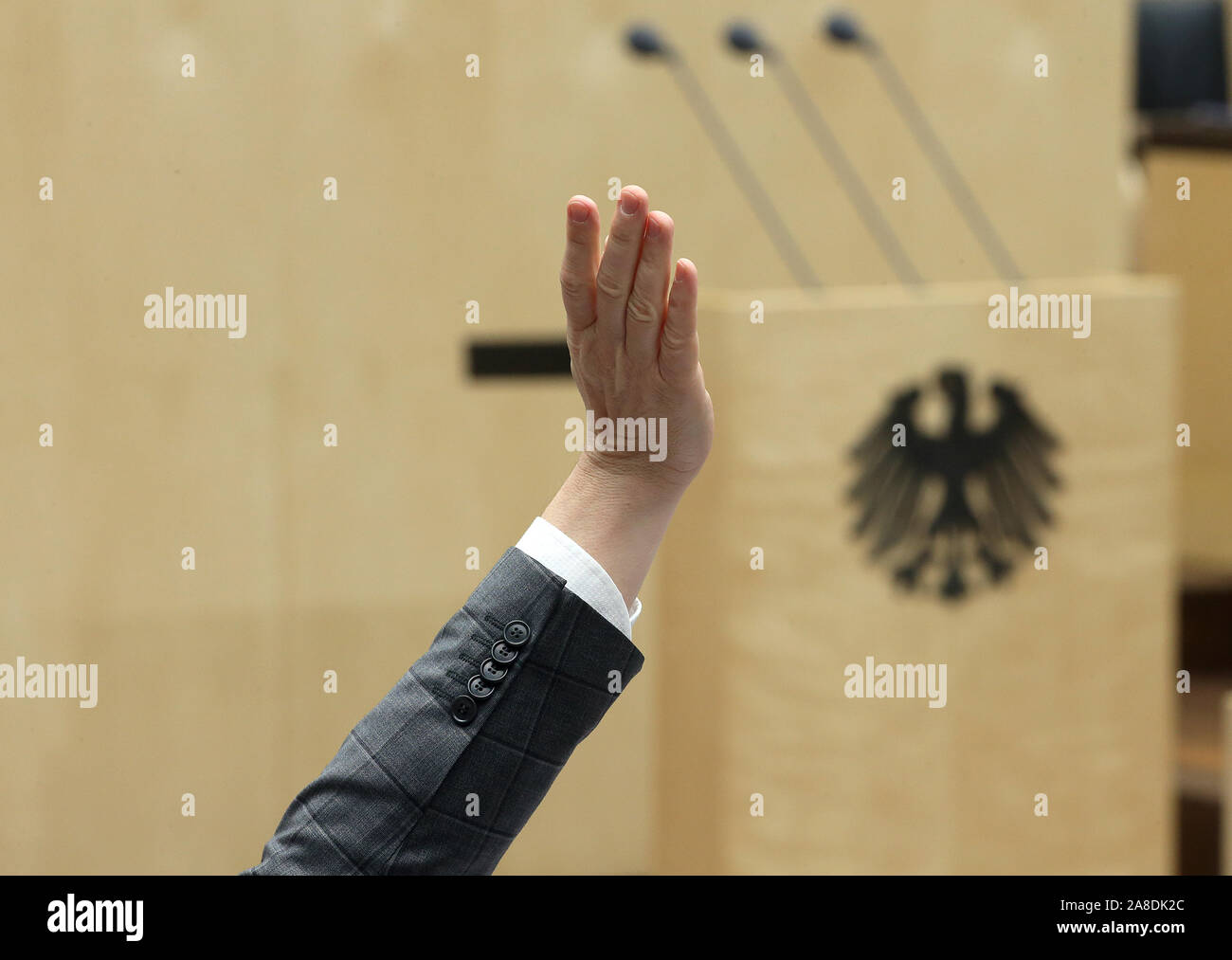 08 November 2019, Berlin: Mitglieder der Abstimmung des Parlaments über Änderungen des Gesetzes und der neuen Gesetze, die während der Sitzung des Bundesrates. Themen sind Eigentum der Steuerreform, der pflegeversicherung Löhne, Arbeitsbedingungen für Paket Kuriere, Wohngeld erhöht und die Abschaffung von Papier kranken Benachrichtigungen verlassen. Foto: Wolfgang Kumm/dpa Stockfoto