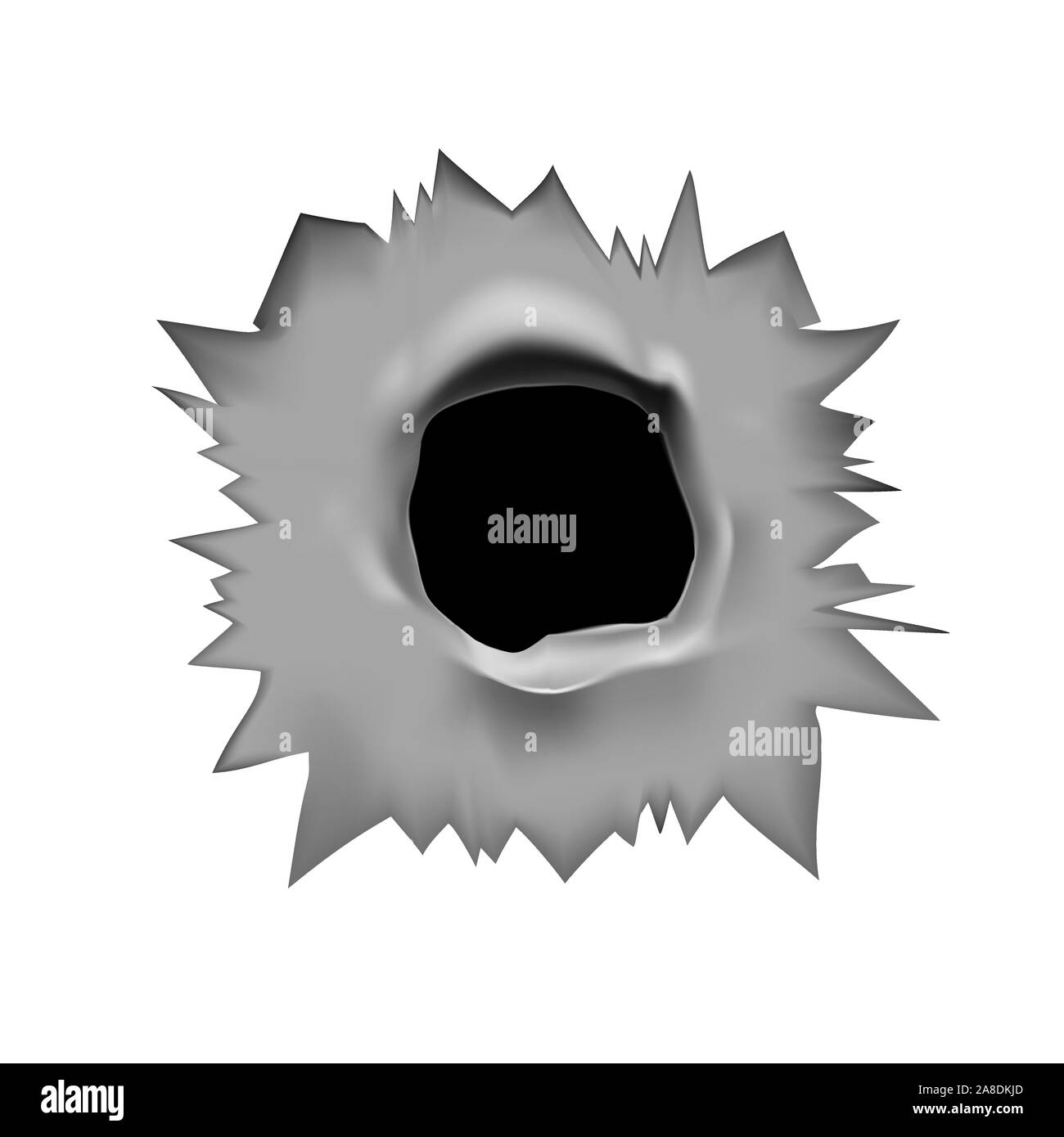Bullet hole. Vector Illustration eines durch die Bohrung von einer Kugel in eine metallene Fläche auf einem weißen Hintergrund isoliert Stock Vektor