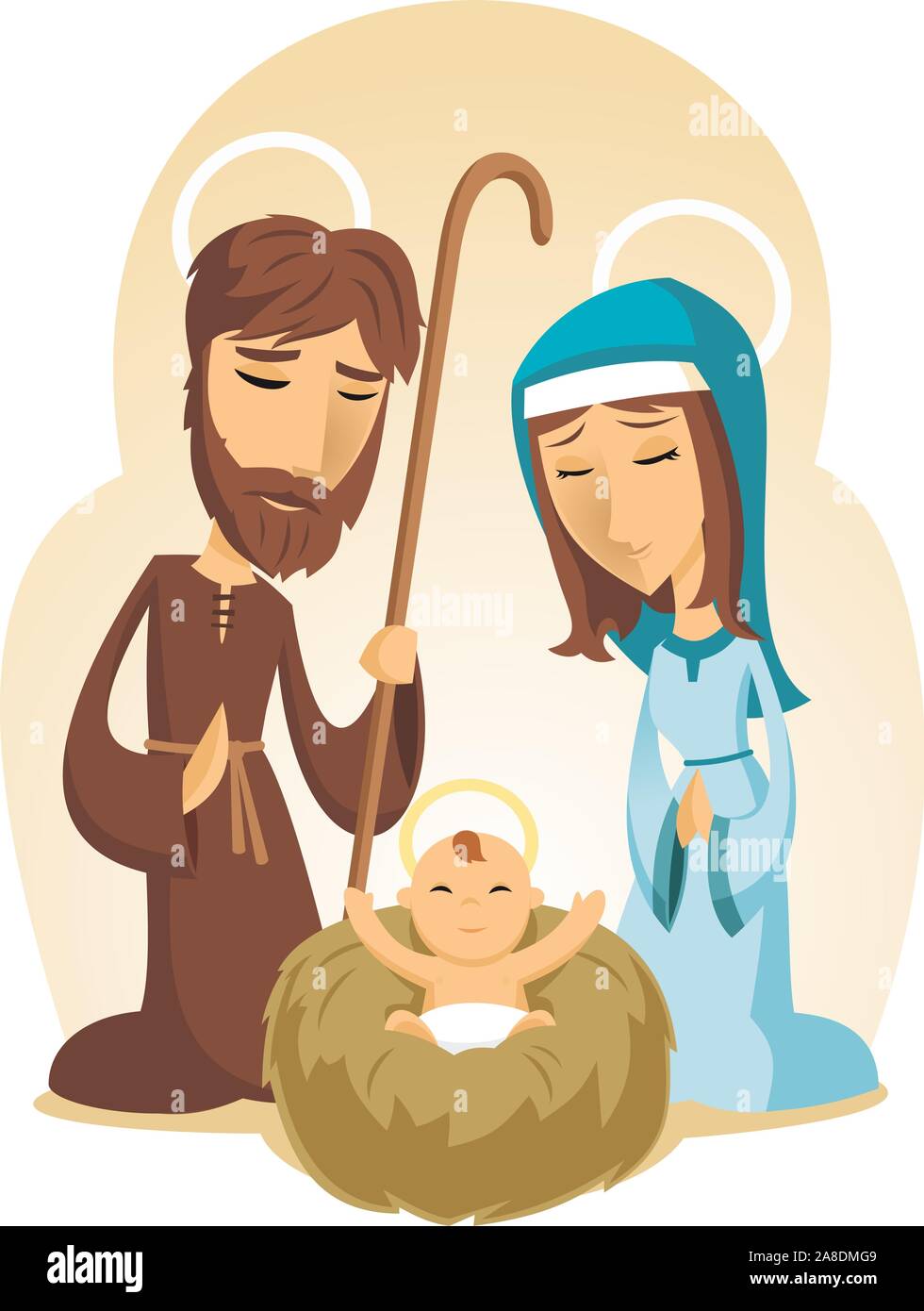 Christmas Baby Jesus Krippe mit Maria und Pater Joseph Vector Illustration Cartoon. Stock Vektor
