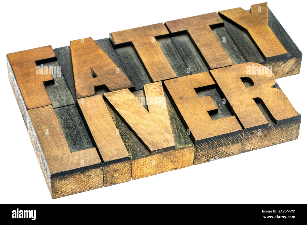 Fettleber Banner-isolierte Text im Hochdruck Holzart, Gesundheit Konzept, zu viel Fett in den Leberzellen baut Stockfoto