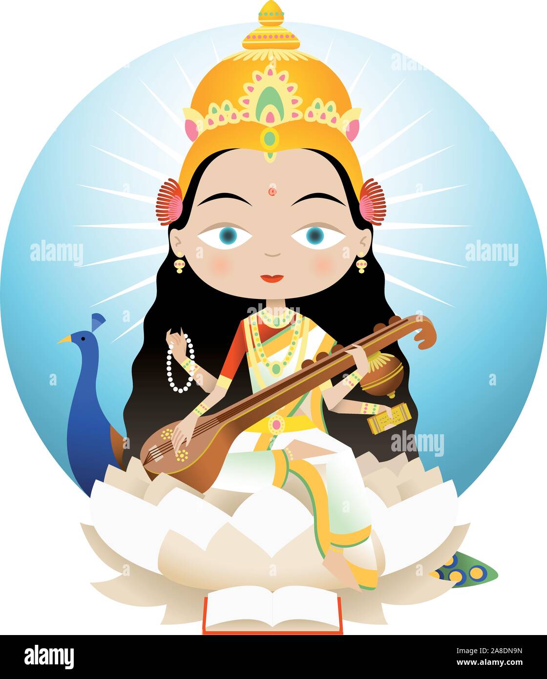 Saraswati Im Hinduismus ist die Göttin des Wissens, der Musik und der Kunst. Sie ist die Gefährtin von Brahma, Saraswati gilt als die Mutter der V zu sein Stock Vektor
