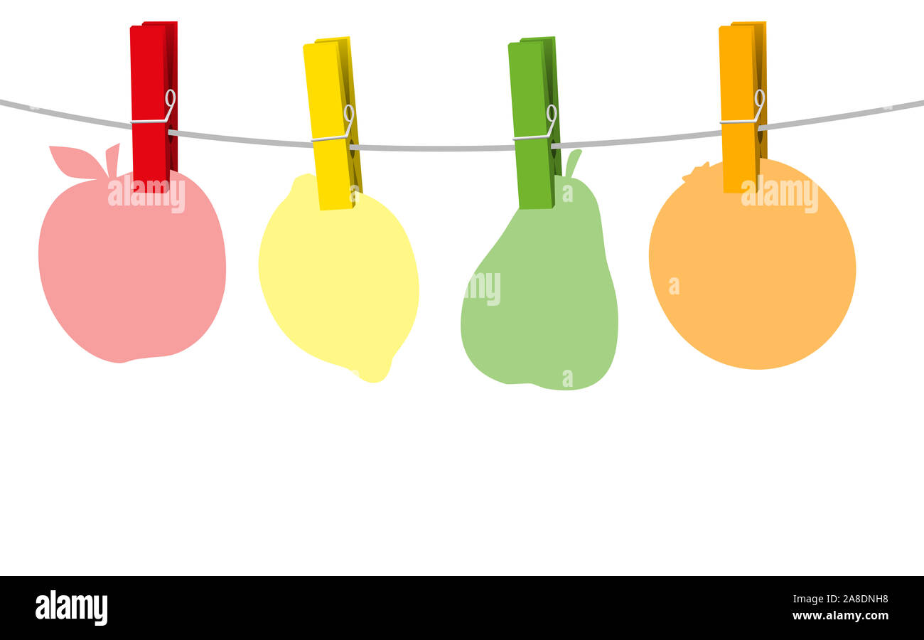 Vier farbige Papier Früchte und Kleidung Pins auf eine Wäscheleine Seil - Abbildung auf weißem Hintergrund. Stockfoto