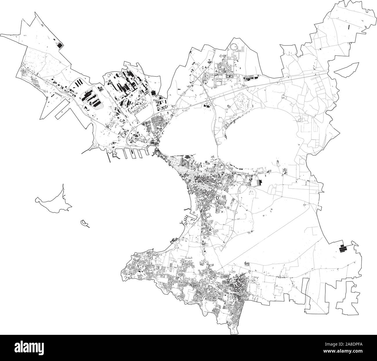 Satelliten Ansicht der Stadt von Taranto, Karte und Straßen. Apulien, Italien. Karte von Transporten in der Region Apulien, Italien. Ilva Stock Vektor