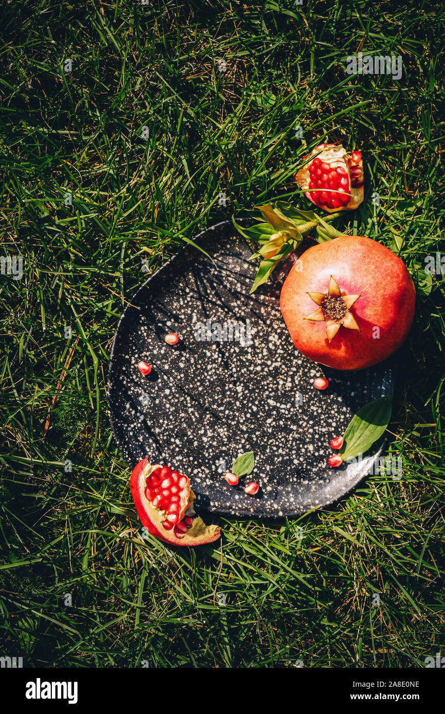 Reife Granatäpfel an dekorativen Reibe auf Gras. Organische Hintergrund Kosmetik Konzept Flach Stockfoto