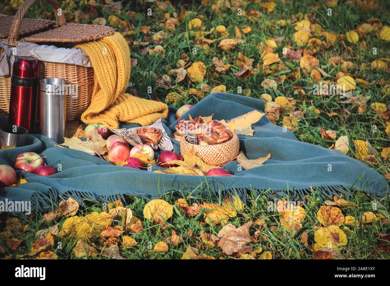 Herbst Picknick im Park. Picknickdecke mit Äpfeln, Zimt Brötchen und Thermosflaschen und bunte Blätter auf dem Boden Stockfoto