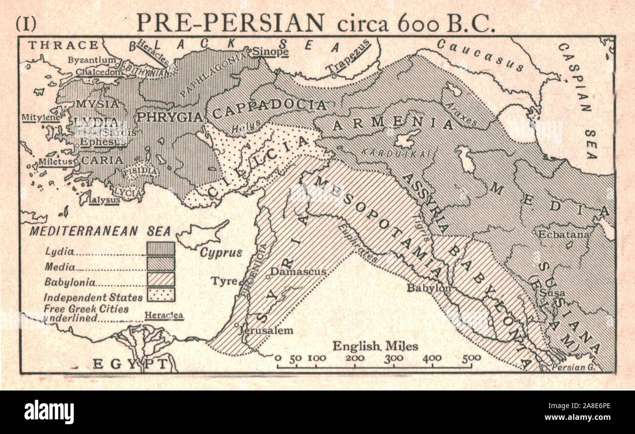 "Pre-Persian, ca. 600 v. Chr.', c 1915. Karte von den östlichen Mittelmeerraum und Nahen Osten, die die alten Zivilisationen der Imperien von Lydia, Medien, Babylonien, unabhängige Staaten und freien griechischen Städten. Von "Kalifen" Letzte Erbe, eine kurze Geschichte des türkischen Reichs" von Lt.-Col. Sir Mark Sykes. [Macmillan &Amp; Co, London, 1915] Stockfoto