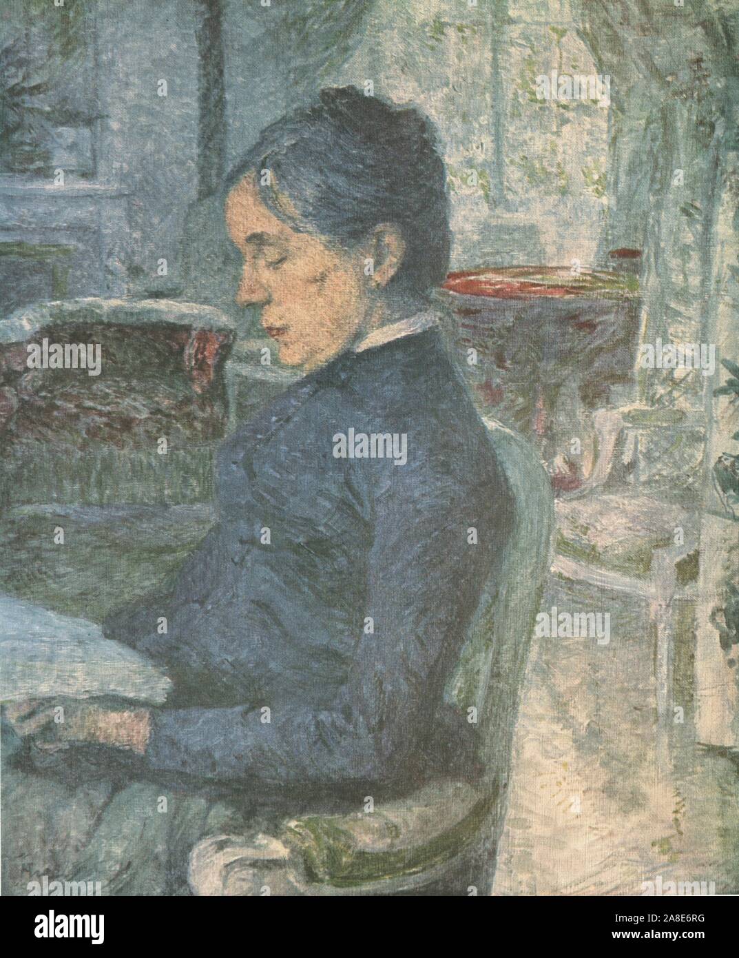 "Porträt der Mutter des Künstlers lesen", 1881, (1952). Comtesse Ad&#xe9;le de Toulouse-Lautrec (1841-1930) im Salon der Ch&#xe2;teau Malrom&#xe9;, bemalt von ihrem Sohn Henri de Toulouse-Lautrec. Malerei in der Mus&#xe9;e Toulouse-Lautrec, Albi, Frankreich. Von "Henri De Toulouse-Lautrec" von Douglas Cooper. [Themse und Hudson, London, 1952] Stockfoto