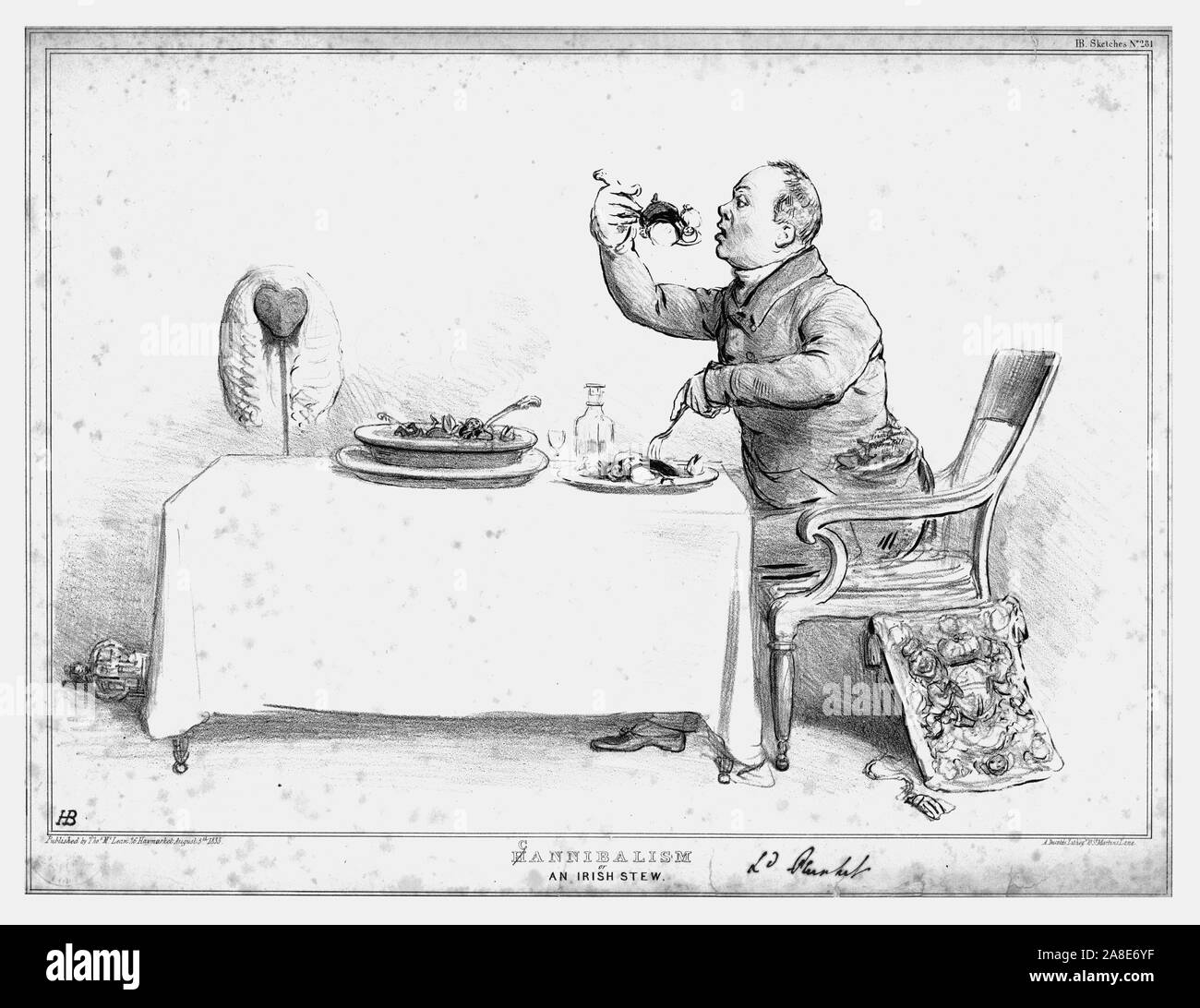 'H/Kannibalismus, oder ein irischer Eintopf." 1833. Lordkanzler von Irland William Conyngham Plunket isst ein Eintopf, die Leichen zu enthalten. Satirische Karikatur auf die britische Politik durch "H.B." (John Doyle). [Thomas McLean, London, 1833] Stockfoto