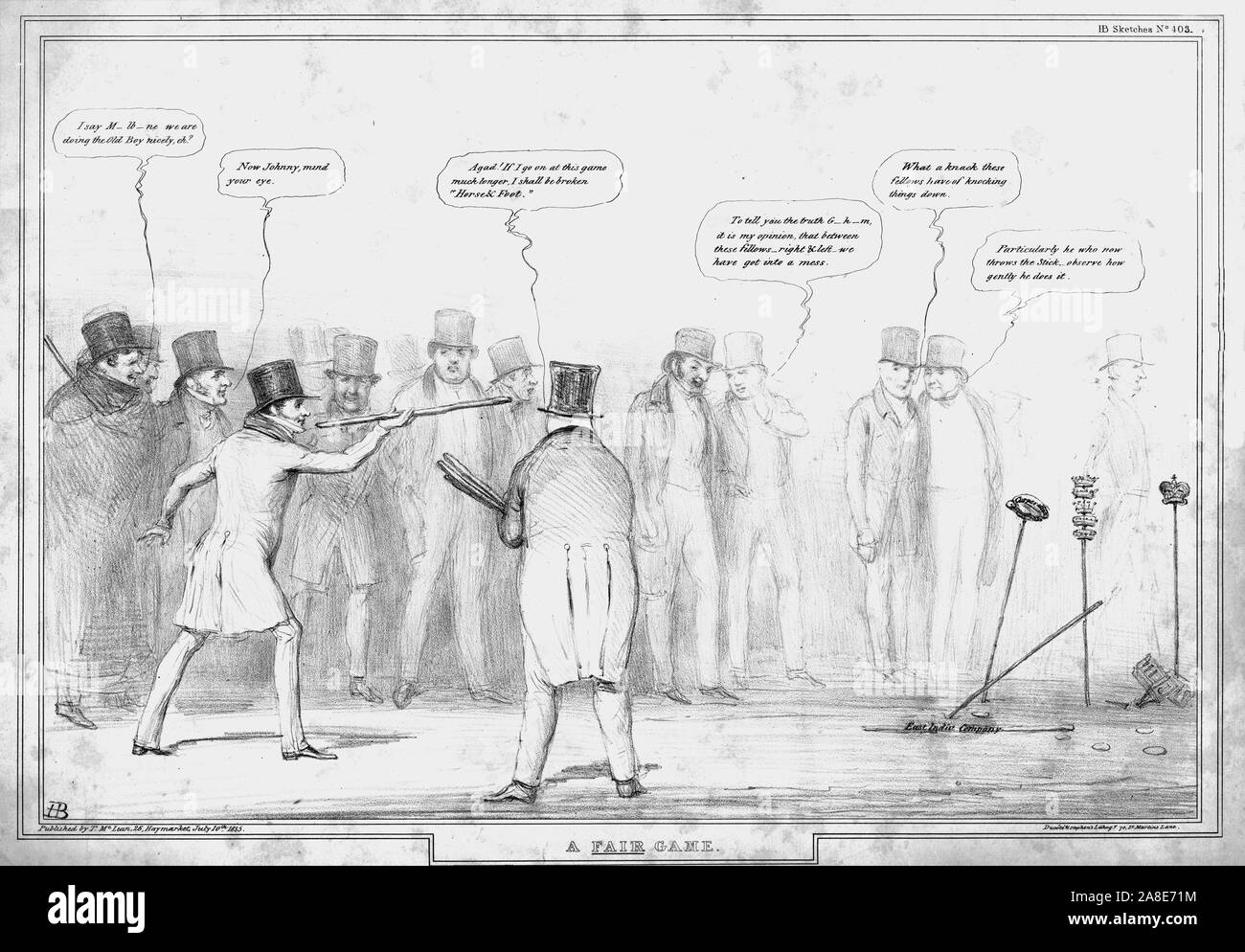 "Fair Game", 1835. Die Politiker werfen Stöcke auf Ziele durch Kronen überwunden. Satirische Karikatur auf die britische Politik durch "H.B." (John Doyle). [Thomas McLean, London, 1835] Stockfoto
