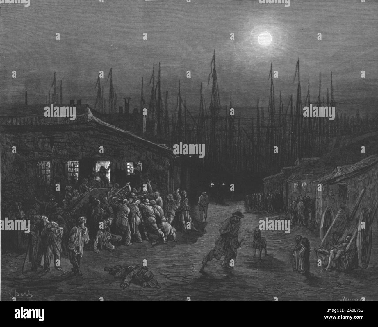 "Die Docks-Night Szene", 1872. Nacht Szene außerhalb einer öffentlichen Haus in Surrey Docks, South East London" London. Eine Pilgerreise" von Gustave Dore und Blanchard Jerrold. [Grant und Co., 72-78, Turnmill Street, E.C., 1872]. Stockfoto