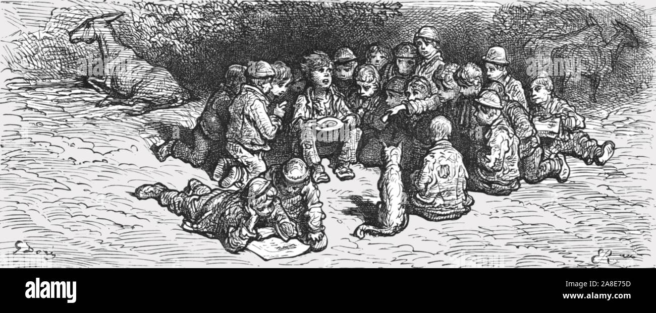 "Einen Penny Gewinnspiel', 1872. Eine Gruppe von Jungen Wetten auf einen Pfennig Gewinnspiel am Derby Tag. Von "IN LONDON. Eine Pilgerreise" von Gustave Dore und Blanchard Jerrold. [Grant und Co., 72-78, Turnmill Street, E.C., 1872]. Stockfoto