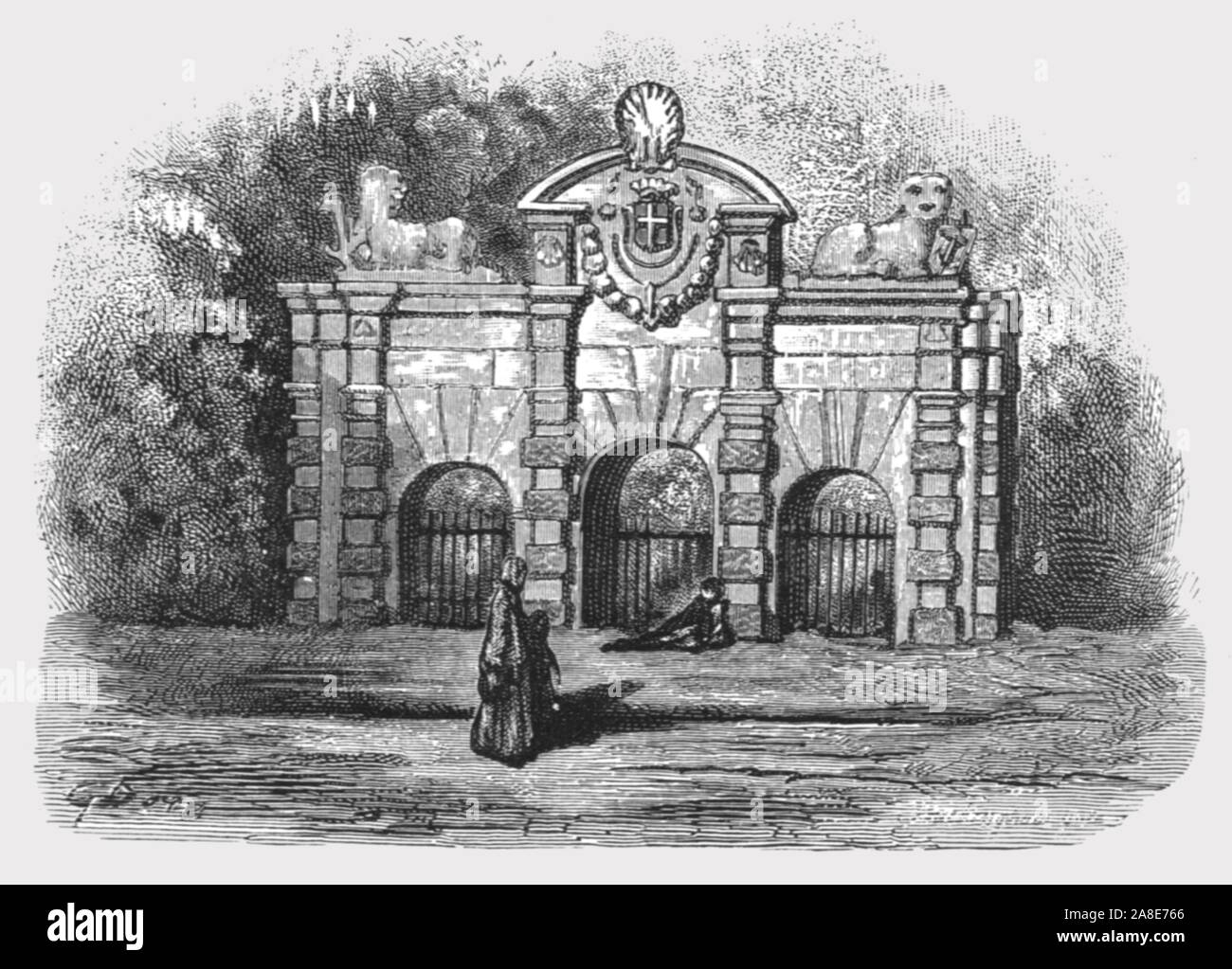 'Buckingham Gate', 1872. Frau und Kind pass Menschen in Tür von York Watergate, nachdem der Fluss Eingang des Herzogs von Buckingham London mansion schlafen. Von "IN LONDON. Eine Pilgerreise" von Gustave Dore und Blanchard Jerrold. [Grant und Co., 72-78, Turnmill Street, E.C., 1872]. Stockfoto