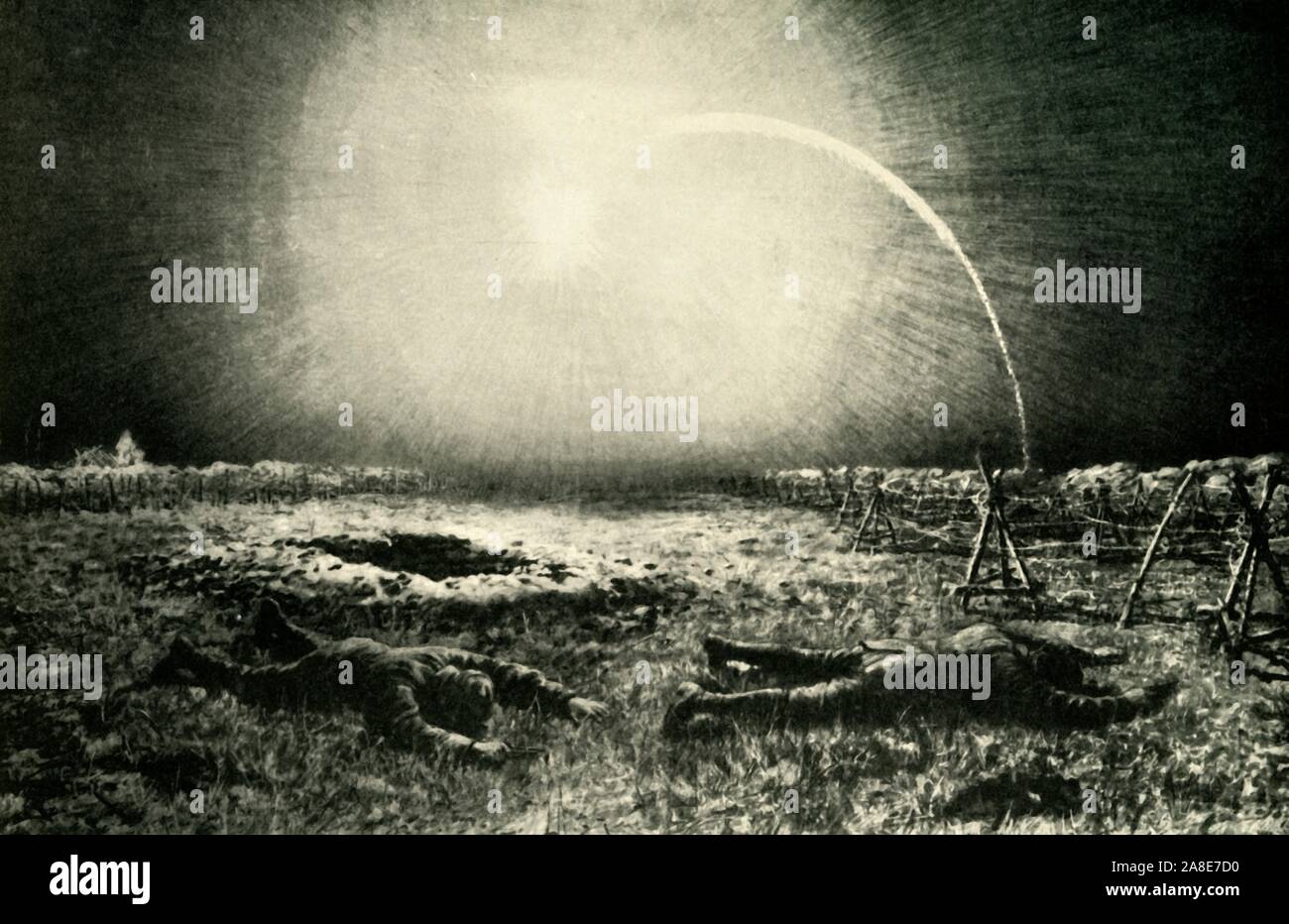 "Gefahren der Patrol Arbeit in "No-Man's-Land"', den Ersten Weltkrieg, die Jahre 1915-1916 stand, (c 1920). "Britische Patrouille Verstecken von der Blendung eines deutschen Licht erzeugende Raketen... die einzige Chance für die patrouille durch dieses Licht gefangen - shell Rocket aus der Deutschen Gräben wurde nach unten liegen, in der Hoffnung, daß sie den wachsamen Augen entlang der Linie des Feindes entkommen konnte... die Raketen zeigte vergleichsweise wenig Licht während des Flugs, aber dann brach mit einer umwerfenden Blendung, die "No-Man's-land" zwischen den Gräben so hell wie der Tag." Aus "Die Große Welt Krieg: Eine Geschichte", Stockfoto