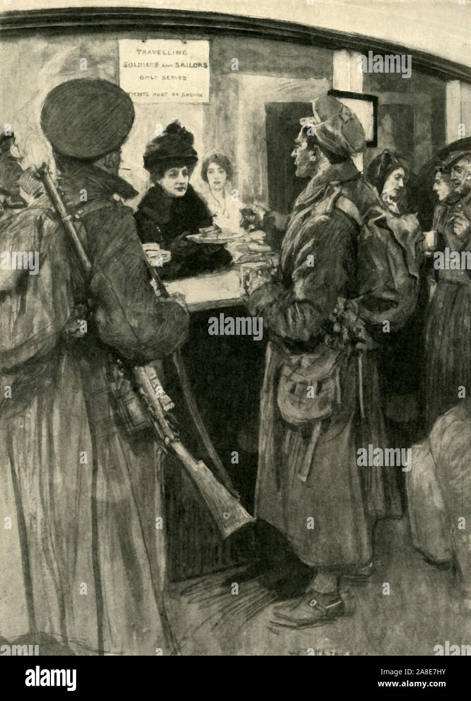 'Königin Alexandra als Weihnachtsfee", Erster Weltkrieg, 1915, (c 1920). 'Ihre Majestät Soldaten an einem kostenlosen Frühstücksbuffet in London... Die freie Buffets an den großen Bahnhöfen, für Soldaten nach Hause auf Urlaub von der Front, erwies sich als eine Gabe während des Krieges. Königin Alexandra, die sich brennend für sie interessiert war, bezahlt einen überraschenden Besuch zu Lady's Limerick Buffet im London Bridge während der Weihnachtsferien von 1915, und nahm sie unter den Freiwilligen für eine Stunde und eine Hälfte'. Gezeichnet von W. Hatherell R.I. Von "Die Große Welt Krieg: Eine Geschichte", Band VI, herausgegeben von Frank eine Mumby. [Die Stockfoto