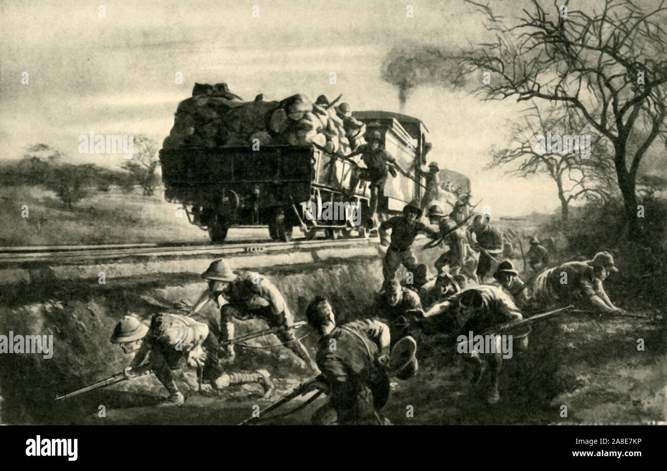 "Eisenbahn Kriegsführung in Ostafrika, Erster Weltkrieg, 1914-1918, (c 1920). "Britische Truppen vorbereiten zu einem feindlichen Angriff auf einen gepanzerten Zug entlang der Uganda Linie" zu widerstehen. Von Philip Dadd gezeichnet. Von "Die Große Welt Krieg: Eine Geschichte", Band VI, herausgegeben von Frank eine Mumby. [Das Gresham Publishing Company Ltd., London, c 1920] Stockfoto